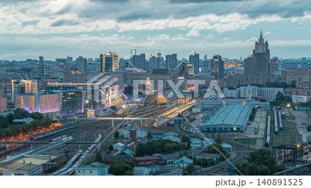 Panoramic view to Kiev Railway Station night to day timelapse and modern city in Moscow, Russia Panoramic view to Kiev Railway Station night to day timelapse and modern city in Moscow, Russia 140891525
