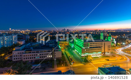 Aerial panorama of Moscow day to night timelapse from rooftop. Skyscrapers, Kremlin towers 140891528