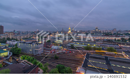 Evening top view of three railway stations day to night timelapse at the Komsomolskaya square in Moscow, Russia Evening top view of three railway stations day to night timelapse at the Komsomolskaya square in Moscow, Russia 140891532