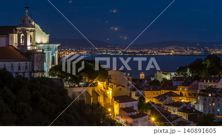 Lisbon after sunset aerial view of city centre with red roofs at Autumn day to night timelapse, Portugal Lisbon after sunset aerial view of city centre with red roofs at Autumn day to night timelapse, Portugal 140891605