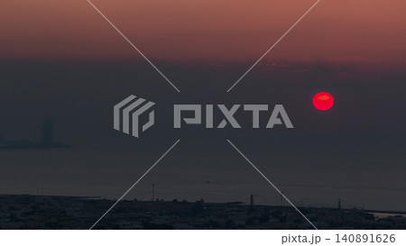 Panorama and aerial view of coastline Dubai at sunset timelapse, United Arab Emirates Panorama and aerial view of coastline Dubai at sunset timelapse, United Arab Emirates 140891626
