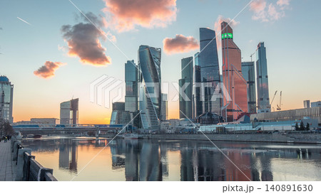 Sunset at Moscow City business center skyscrapers office buildings and luxury apartments timelapse hyperlapse. Sunset at Moscow City business center skyscrapers office buildings and luxury apartments timelapse hyperlapse. 140891630