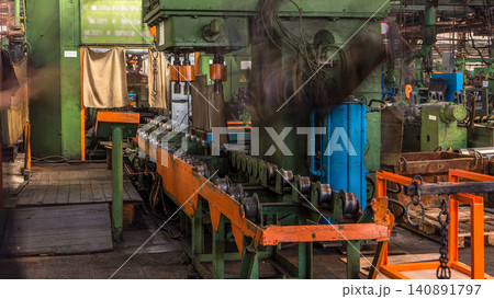 Conveyor assembly stage the body of tractor at big industrial factory timelapse 140891797