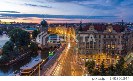 Sitkovska water-tower timelapse and traffic on road in old city center of Prague day to night. Sitkovska water-tower timelapse and traffic on road in old city center of Prague day to night. 140891844