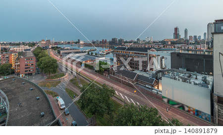 Aerial panoramic view over towers in Maashaven night to day timelapse in Rotterdam Aerial panoramic view over towers in Maashaven night to day timelapse in Rotterdam 140891879