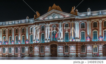 The Capitole de Toulouse night timelapse hyperlapse showcases the historic city hall. France 140891928