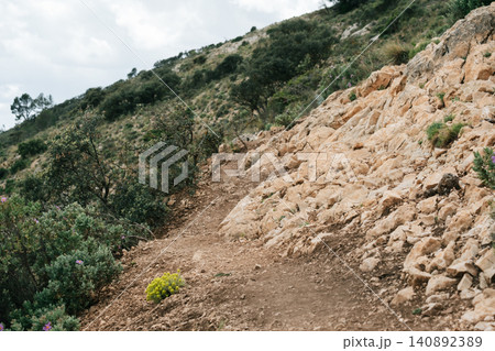 Scenic rocky trail winding through lush green mountains on a cloudy day Scenic rocky trail winding through lush green mountains on a cloudy day 140892389