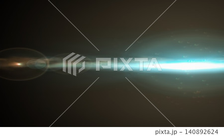 Dynamic lens flare with blue light beam and dramatic bokeh effect in dark background 140892624