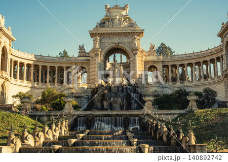 Majestic fountain and architectural marvel of palais longchamp in marseille at sunset Majestic fountain and architectural marvel of palais longchamp in marseille at sunset 140892742