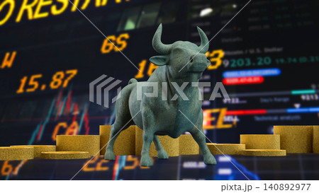 Bull Market Growth Concept with Gold Coins and Trading Screen 3d render. 140892977