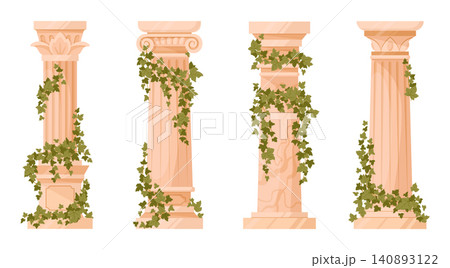 Ancient columns collection. Classical Greek and Roman stone columns with climbing ivy flat vector illustration set. Architectural elements isolated on white background Ancient columns collection. Classical Greek and Roman stone columns with climbing ivy flat vector illustration set. Architectural elements isolated on white background 140893122