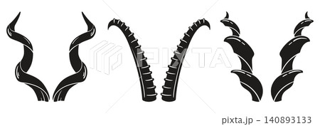 Curved animal horns collection. Different ram, goat and antelope horn silhouette flat vector illustration set. Decorative horn design elements isolated on white background Curved animal horns collection. Different ram, goat and antelope horn silhouette flat vector illustration set. Decorative horn design elements isolated on white background 140893133