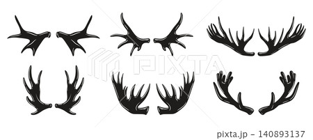 Deer antlers collection. Different stag, elk and deer antler silhouettes flat vector illustration set. Hunting trophy horn design elements isolated on white background Deer antlers collection. Different stag, elk and deer antler silhouettes flat vector illustration set. Hunting trophy horn design elements isolated on white background 140893137