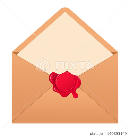Open sealed envelope. Paper envelope with opened letter and red wax seal flat vector illustration. Postal correspondence icon Open sealed envelope. Paper envelope with opened letter and red wax seal flat vector illustration. Postal correspondence icon 140893149