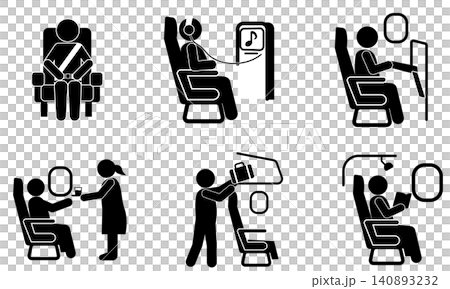 A set of icons representing the inside of an airplane and how to spend your time on board. A set of icons representing the inside of an airplane and how to spend your time on board. 140893232