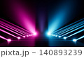 Symmetrical pink and blue spotlight columns on a dark podium with reflective flooring, 3d rendering 140893239