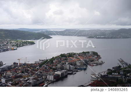 Panoramic view of Bergen, Norway's second largest city, surrounded by mountains and fjords Panoramic view of Bergen, Norway's second largest city, surrounded by mountains and fjords 140893265