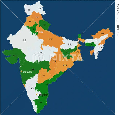 Political map of India showcasing its states and union territories with major cities and state abbreviations, colored in national flag hues Political map of India showcasing its states and union territories with major cities and state abbreviations, colored in national flag hues 140893523