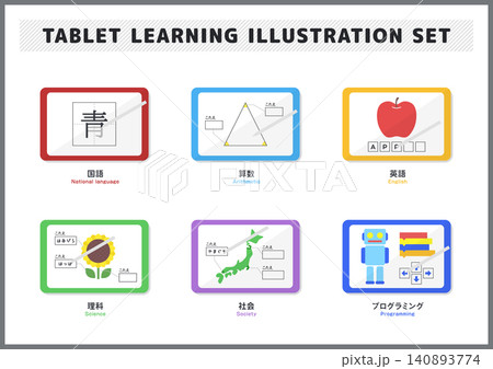 タブレット学習の主要教科別教材画面をセットにした小学生向けポップで可愛いベクターイラスト素材集 タブレット学習の主要教科別教材画面をセットにした小学生向けポップで可愛いベクターイラスト素材集 140893774