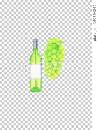 Hand-drawn watercolor illustration set of white grapes and white wine bottles on a white background. Wine-themed artwork. 140894249