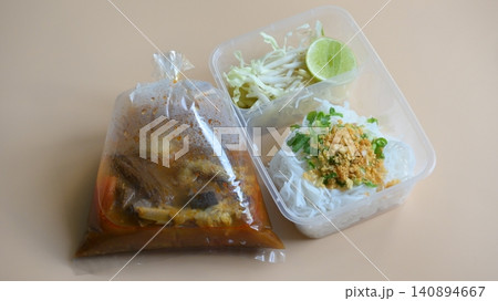 rice vermicelli with northern thai curry sauce in plastic bag rice vermicelli with northern thai curry sauce in plastic bag 140894667