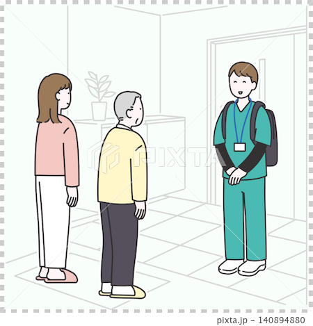 一幅插圖描繪了一個老年家庭接待上門護士的場景。 140894880