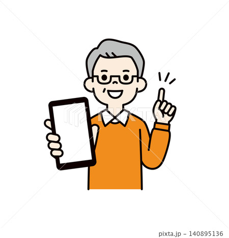 スマートフォンの画面を大きく見せて説明する、シニア男性・おじいちゃんのベクターイラスト素材 スマートフォンの画面を大きく見せて説明する、シニア男性・おじいちゃんのベクターイラスト素材 140895136