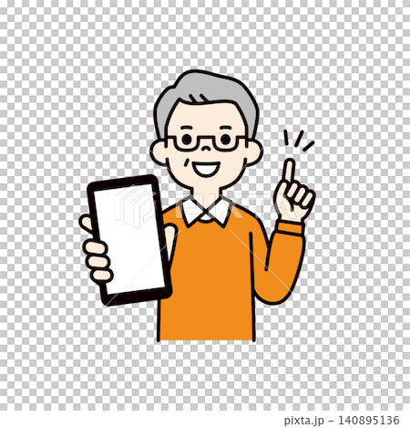 スマートフォンの画面を大きく見せて説明する、シニア男性・おじいちゃんのベクターイラスト素材 スマートフォンの画面を大きく見せて説明する、シニア男性・おじいちゃんのベクターイラスト素材 140895136