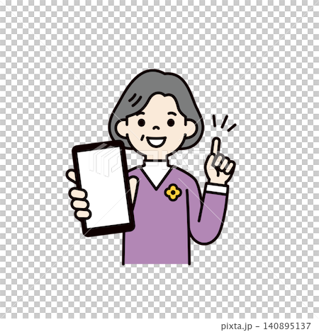 一位年長的女性/祖母面帶微笑,一邊展示智慧型手機螢幕一邊進行教學的向量插圖。 一位年長的女性/祖母面帶微笑,一邊展示智慧型手機螢幕一邊進行教學的向量插圖。 140895137
