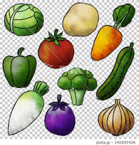 十種蔬菜的彩色玻璃風格插圖 140895426