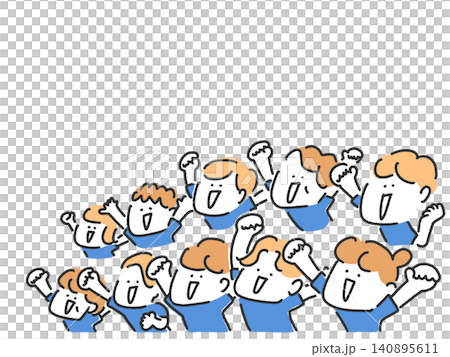 People cheering and supporting a sporting event; cute hand-drawn line art; blue uniforms; soccer. People cheering and supporting a sporting event; cute hand-drawn line art; blue uniforms; soccer. 140895611