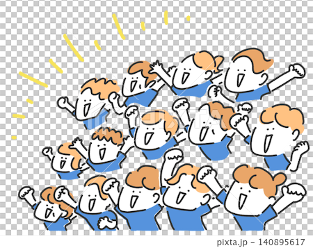 歓声をあげてスポーツを応援する人々　かわいい手描き線画　青ユニフォーム　サッカー 140895617