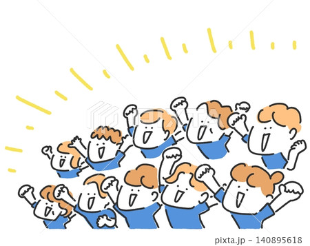 歓声をあげてスポーツを応援する人々　かわいい手描き線画　青ユニフォーム　サッカー 140895618