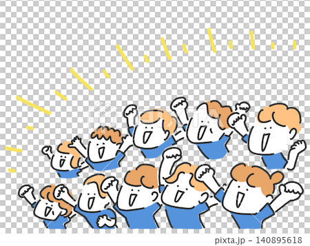 歓声をあげてスポーツを応援する人々　かわいい手描き線画　青ユニフォーム　サッカー 140895618