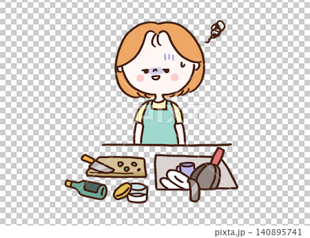 散乱したキッチンの惨状を見て呆然とする女性(後片付けの面倒さ) 散乱したキッチンの惨状を見て呆然とする女性(後片付けの面倒さ) 140895741