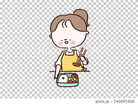 A woman in an apron making a bento box (homemade lunch, housework) A woman in an apron making a bento box (homemade lunch, housework) 140895886