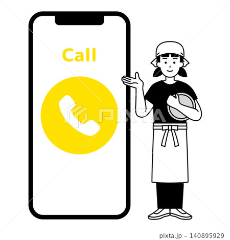 大きいスマホの画面で問い合わせを案内する居酒屋の女性店員 大きいスマホの画面で問い合わせを案内する居酒屋の女性店員 140895929