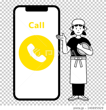 大きいスマホの画面で問い合わせを案内する居酒屋の女性店員 大きいスマホの画面で問い合わせを案内する居酒屋の女性店員 140895929