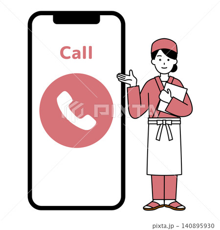 大きいスマホの画面で問い合わせを案内する和食屋の女性店員 大きいスマホの画面で問い合わせを案内する和食屋の女性店員 140895930