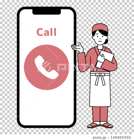 大きいスマホの画面で問い合わせを案内する和食屋の女性店員 大きいスマホの画面で問い合わせを案内する和食屋の女性店員 140895930