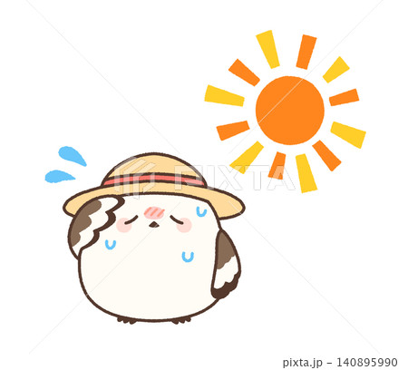 暑さに参って汗をかくシマエナガとさんさんの太陽 暑さに参って汗をかくシマエナガとさんさんの太陽 140895990