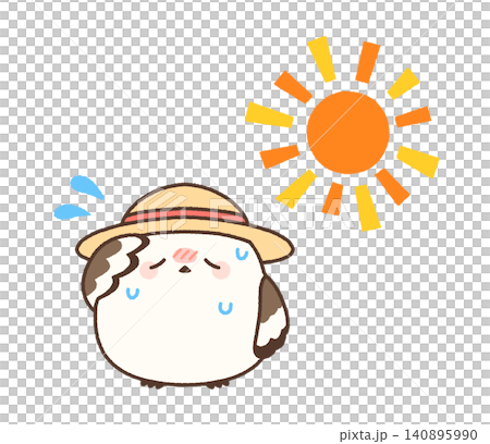 暑さに参って汗をかくシマエナガとさんさんの太陽 暑さに参って汗をかくシマエナガとさんさんの太陽 140895990