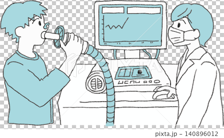 A comical illustration of a patient and doctor working hard on a respiratory function test (spirometry) (health checkup, lung age, simple pulmonary function test) A comical illustration of a patient and doctor working hard on a respiratory function test (spirometry) (health checkup, lung age, simple pulmonary function test) 140896012