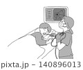 胃カメラ検査を受ける患者と医師のイラスト（白黒・モノクロ・手書き風・白背景JPG） 140896013