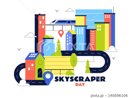 Skyscraper Day Illustration Featuring Modern City Skyline, High Rise Buildings, Urban Architecture, Downtown Landscape, and Metropolitan Landmarks Skyscraper Day Illustration Featuring Modern City Skyline, High Rise Buildings, Urban Architecture, Downtown Landscape, and Metropolitan Landmarks 140896106