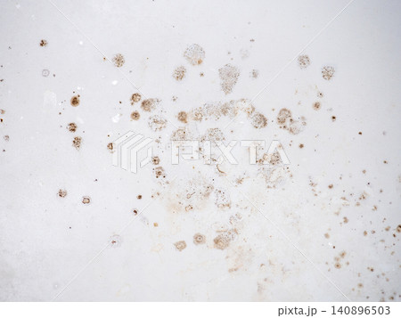 Mold on the enamel in the bathroom. Mold spores in the bathroom. Black dots on a white background. The problem of everyday life. The need for a cleaning product. Mold on the enamel in the bathroom. Mold spores in the bathroom. Black dots on a white background. The problem of everyday life. The need for a cleaning product. 140896503