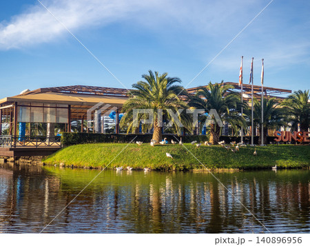 City lake in Batumi with geese on the shore. Restaurant on the shore. Resort in the south. 140896956