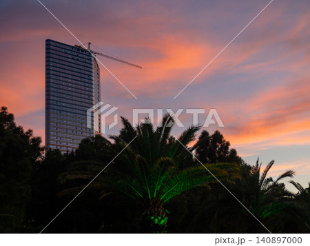 Construction of a multi-storey building against the backdrop of the sunset sky. Construction at the resort. Landscapes of Batumi. A developing place. Construction industry. Construction of a multi-storey building against the backdrop of the sunset sky. Construction at the resort. Landscapes of Batumi. A developing place. Construction industry. 140897000