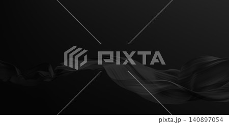 Black friday banner design of black sheer pleated chiffon fabric flowing on dark background with copy space 3D render 140897054