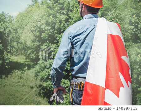 Construction worker and Canadian flag Construction worker and Canadian flag 140897215